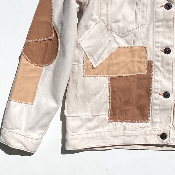BDG Patchwork Denim Oversized Trucker Jacket Off White Tan. Size Medium. - Picture 7 of 13